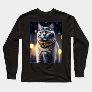 Golden Beauty: A British Shorthair Dazzles in a Winter Wonderland Long Sleeve T-Shirt